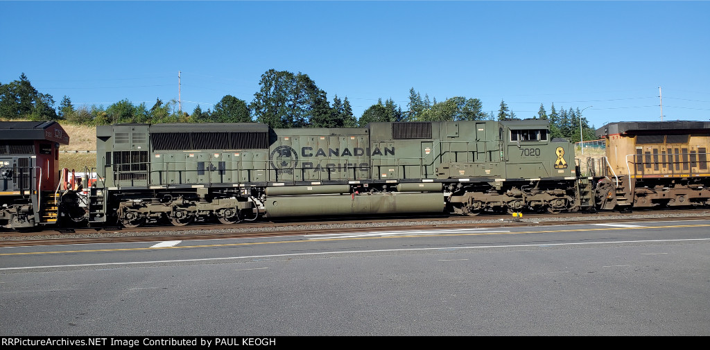 Side Shot of CP 7020 Tied Down at the BNSF Kalama Siding,  Washington 